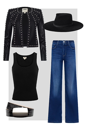 A womens outfit laid out includes a studded black leather jacket, black wide-brim hat, black sleeveless top, wide-leg blue jeans, and a black belt with a silver buckle.