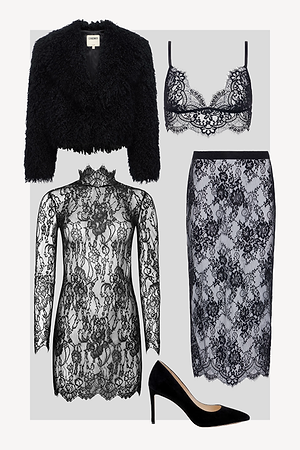 A collage of five black clothing items: a faux fur jacket, a lace bralette, a long-sleeve lace dress, a lace midi skirt, and a black high-heeled shoe, arranged on a light gray background.