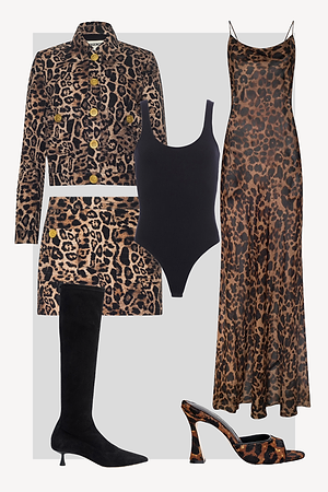 A collage of womens clothing and accessories, including a leopard print jacket, matching skirt, black bodysuit, long leopard print slip dress, knee-high black boots, and leopard print heeled sandals.