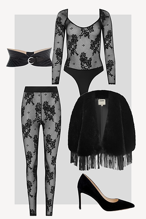 A collage of black fashion items: lace-patterned bodysuit and leggings, a wide black belt, black faux fur fringed jacket, and a black suede high-heeled shoe, all arranged on a light gray background.