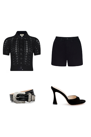 A black short-sleeve knit button-up top, black high-waisted shorts, a black belt with a decorative silver buckle, and a pair of black heeled open-toe sandals on a white background.