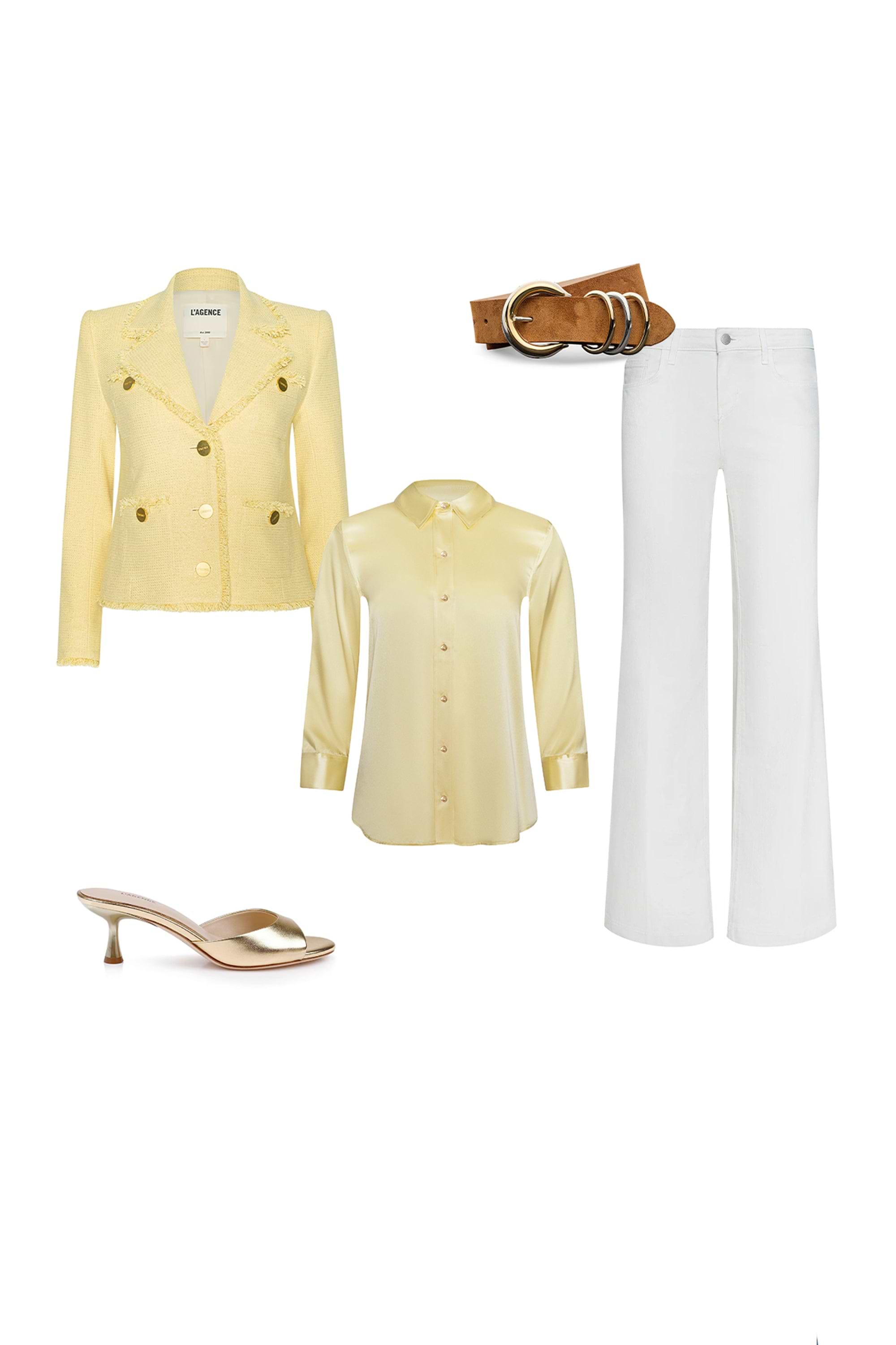 A womens outfit featuring a yellow tweed blazer, pale yellow satin blouse, white flared pants, a brown belt with gold rings, and gold kitten-heel sandals, all displayed on a white background.