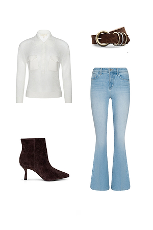 A white long-sleeve collared shirt, light blue flare jeans, a brown suede belt with gold rings, and dark brown suede heeled ankle boots are arranged on a white background.
