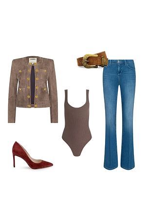 A flat lay of an outfit featuring a taupe suede jacket with gold buttons, a brown sleeveless bodysuit, a pair of blue jeans, a tan belt with a large gold buckle, and burgundy pointed-toe heels.