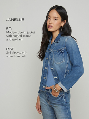 A woman with long dark hair wears a modern blue denim jacket with angled seams, raw hem, and 3/4 sleeves. She stands with one hand in her pocket against a plain gray background. Text describing the jacket is on the left.