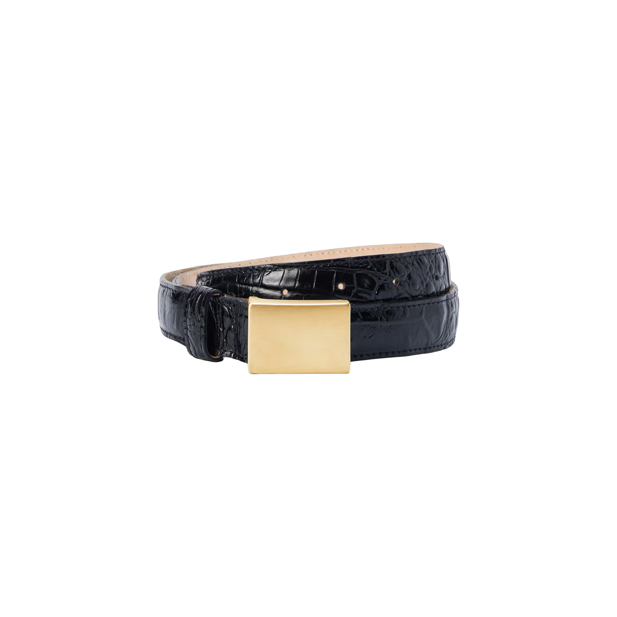 The Amis Belt, handcrafted in LA from black Italian leather with a croc-embossed texture, features a large rectangular gold buckle and is displayed on a plain white background.
