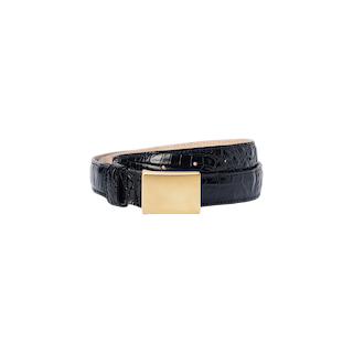 The Amis Belt, handcrafted in LA from premium Italian leather, features a black crocodile-embossed texture and a large rectangular gold buckle. It is shown coiled on a plain white background.