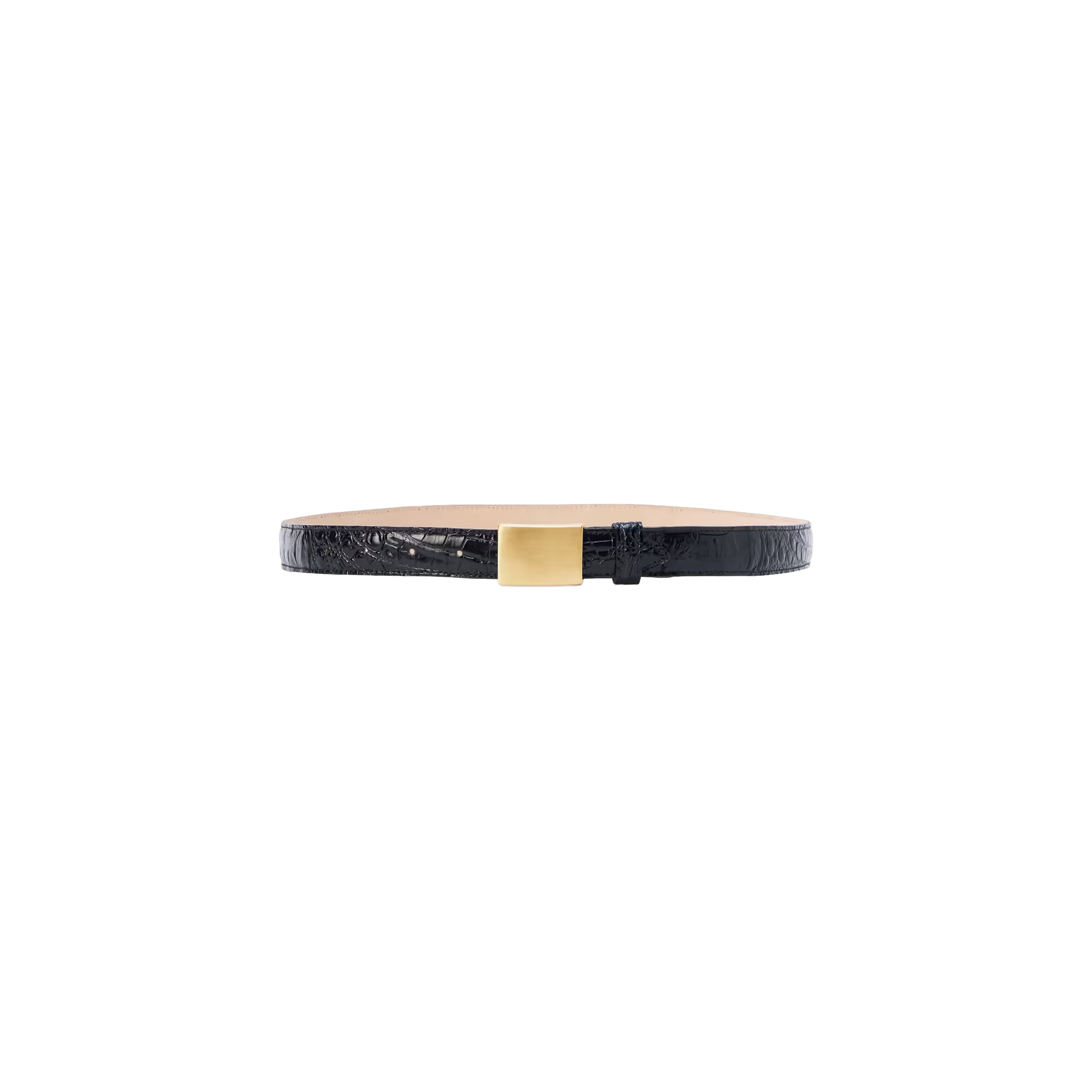 The Amis Belt is a slim, black croc-embossed skinny belt featuring a textured finish and a square gold buckle, handcrafted in LA and displayed on a plain white background.