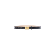 The Amis Belt is a slim, black croc-embossed skinny belt featuring a textured finish and a square gold buckle, handcrafted in LA and displayed on a plain white background.