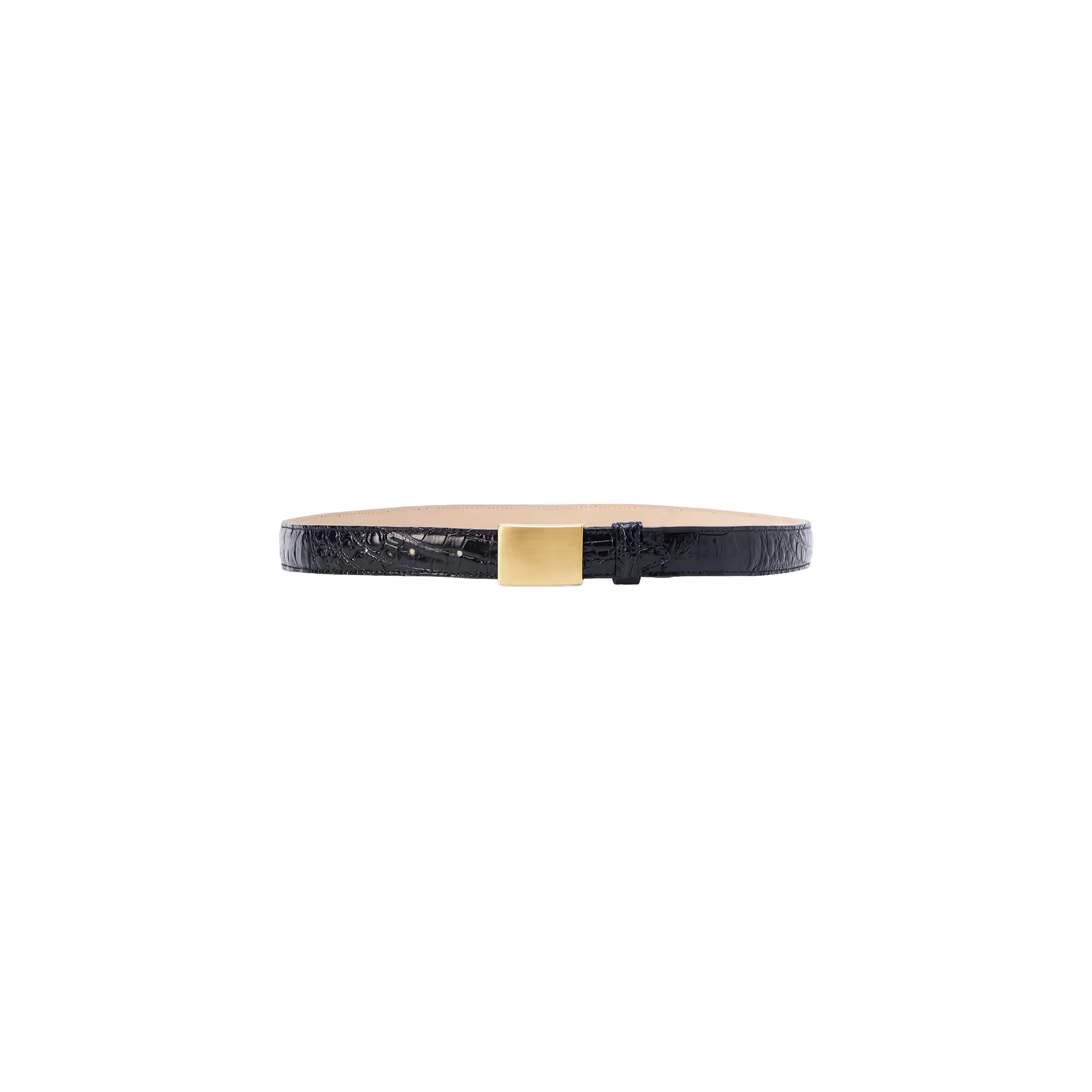 The Amis Belt is a slim, black croc-embossed skinny belt featuring a textured finish and a square gold buckle, handcrafted in LA and displayed on a plain white background.