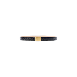 Introducing the Amis Belt: a slim black croc-embossed skinny belt, featuring a textured pattern and a square gold buckle, expertly handcrafted in LA and showcased on a simple white background.