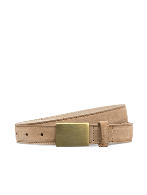 The Amis Suede Belt by L'AGENCE is a tan skinny belt with a rectangular gold-plated buckle, handcrafted in LA and shown coiled flat on a white background.