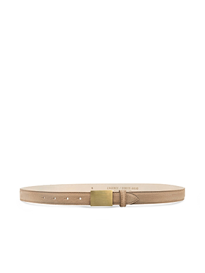 The Amis Suede Belt by L'AGENCE features light beige suede and a simple rectangular gold-plated buckle, handcrafted in LA and shown flat on a white background.