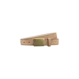 The Amis Suede Belt, featuring tan suede and a rectangular gold-plated buckle, handcrafted in LA, is displayed against a plain white background.