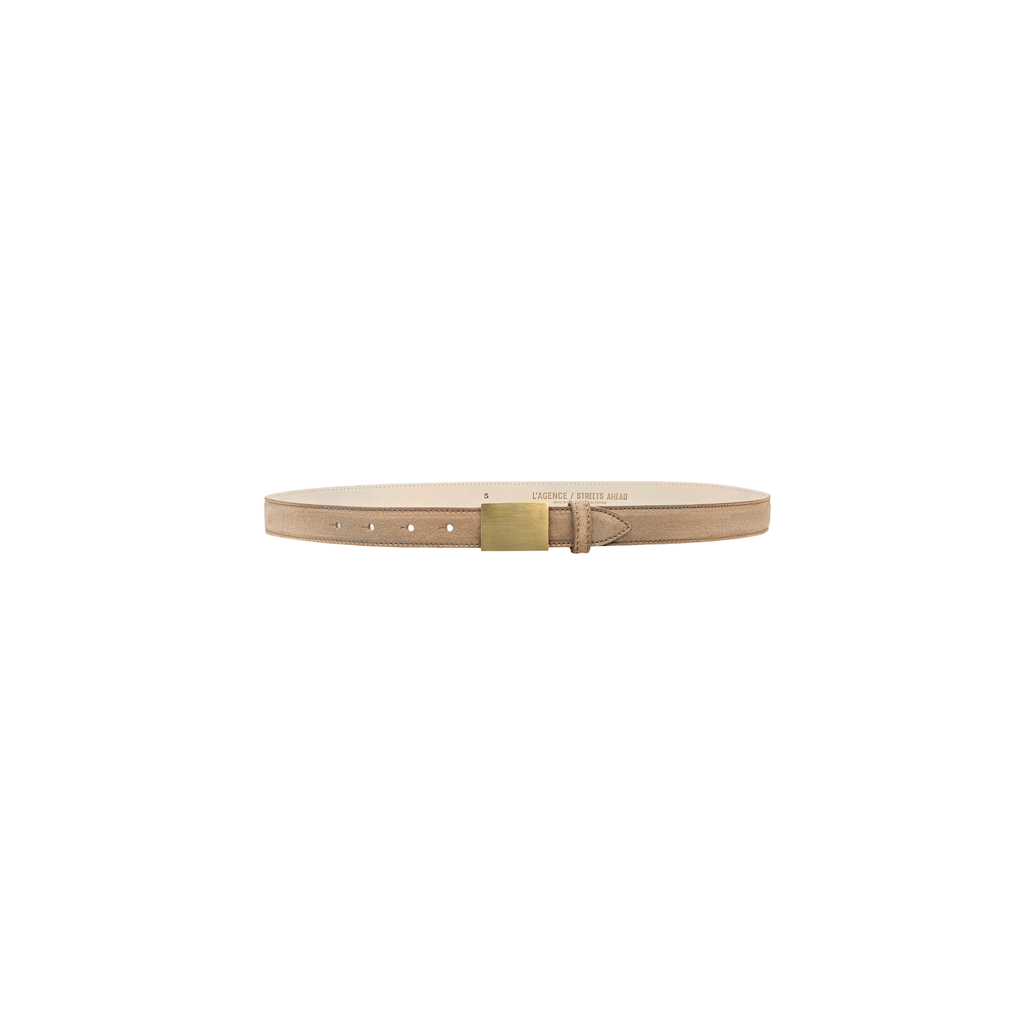 The Amis Suede Belt, featuring a gold-plated rectangular buckle, is displayed against a plain white background.