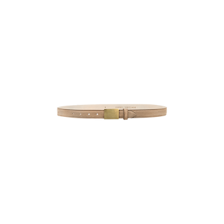 The Amis Suede Belt, handcrafted in LA, features tan suede leather with a rectangular gold-plated buckle and several adjustment holes, shown against a plain white background.