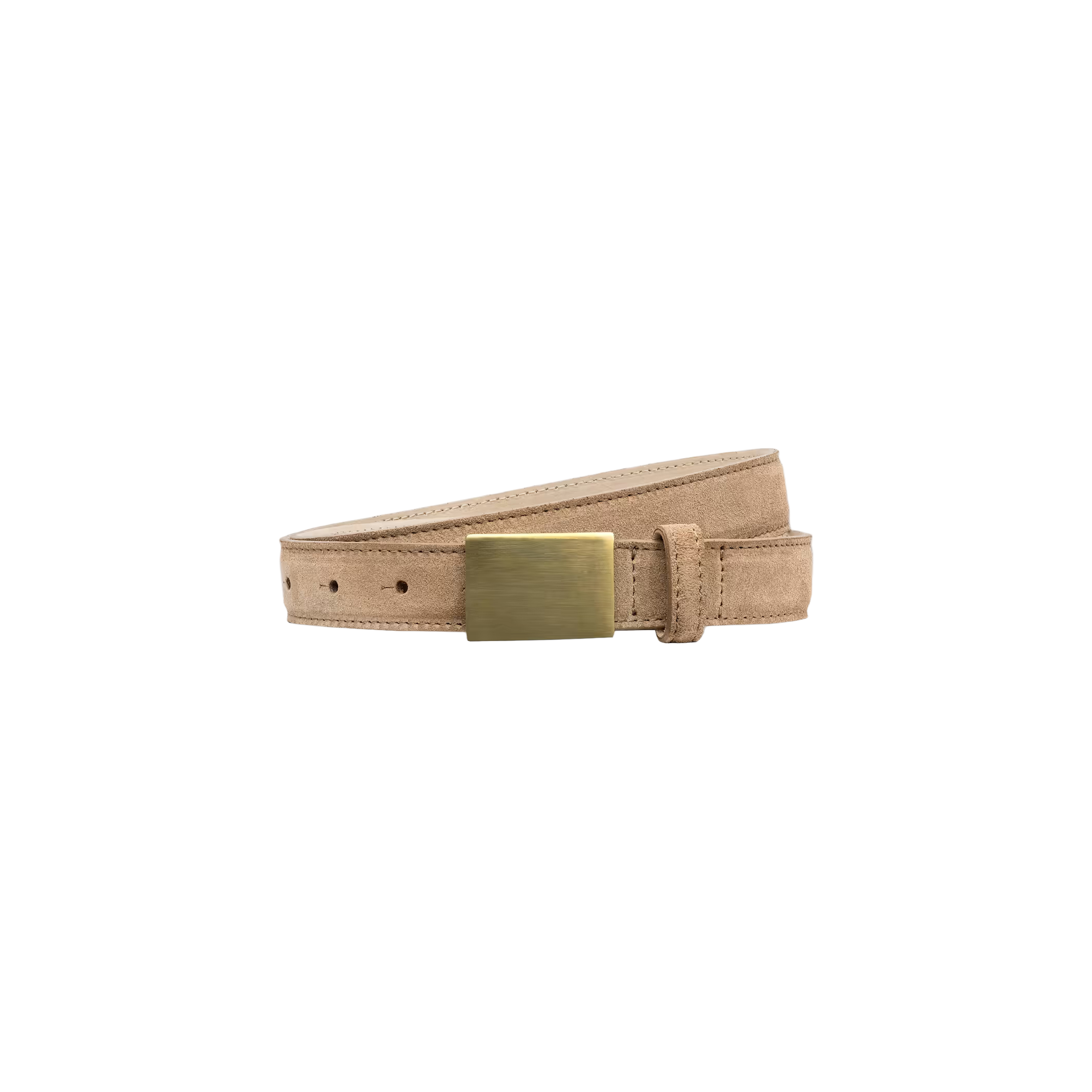 The Amis Suede Belt, featuring a gold-plated buckle, is coiled on a white background and handcrafted in LA.