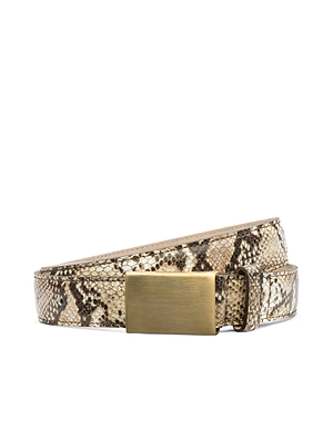 The Amerie Belt by L'AGENCE features a tan and brown snakeskin pattern and a rectangular gold-plated buckle, shown coiled neatly on a white background.