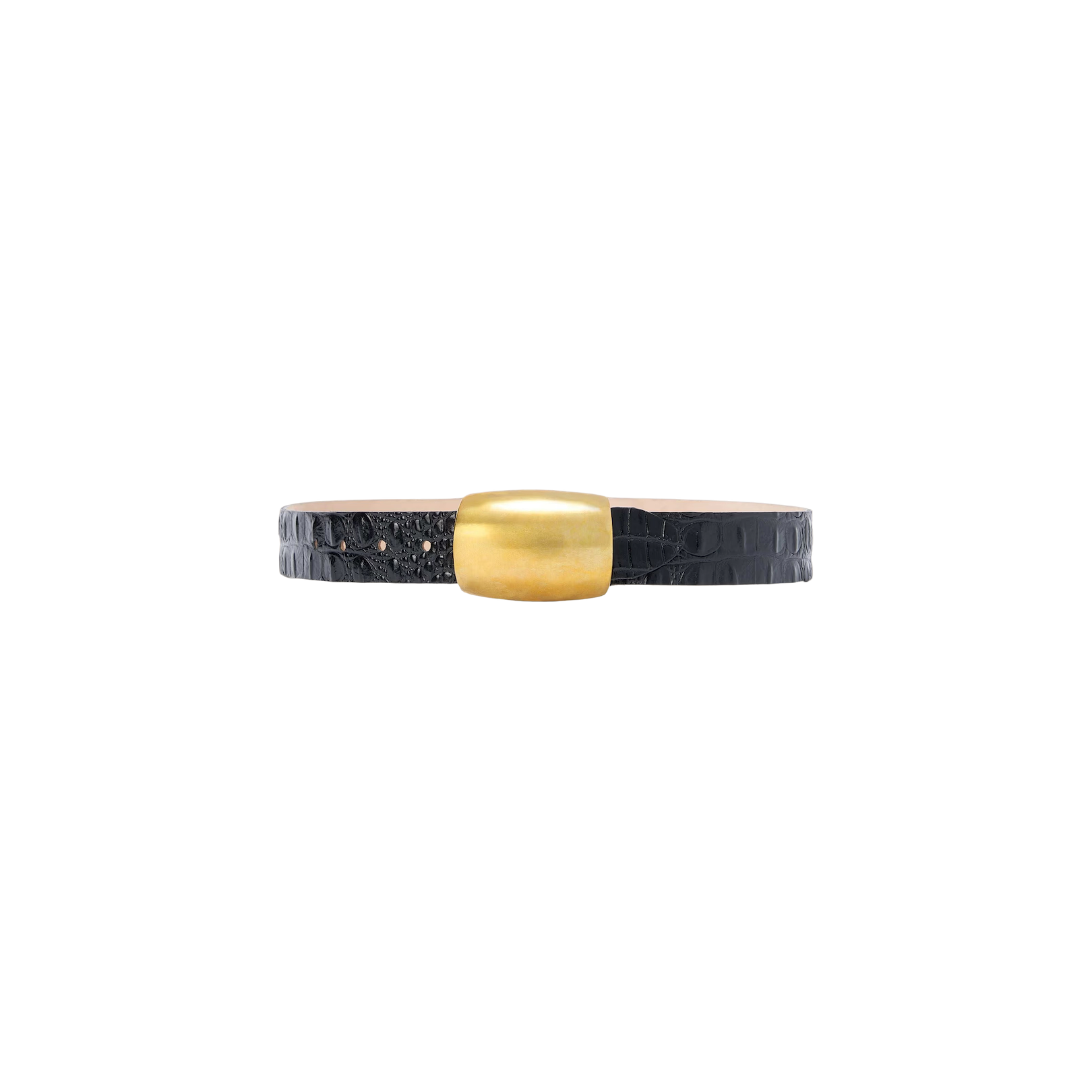 The Milou Belt is a black, croc-embossed leather accessory featuring a wide, rectangular gold clasp, handcrafted in LA and displayed on a plain white background.