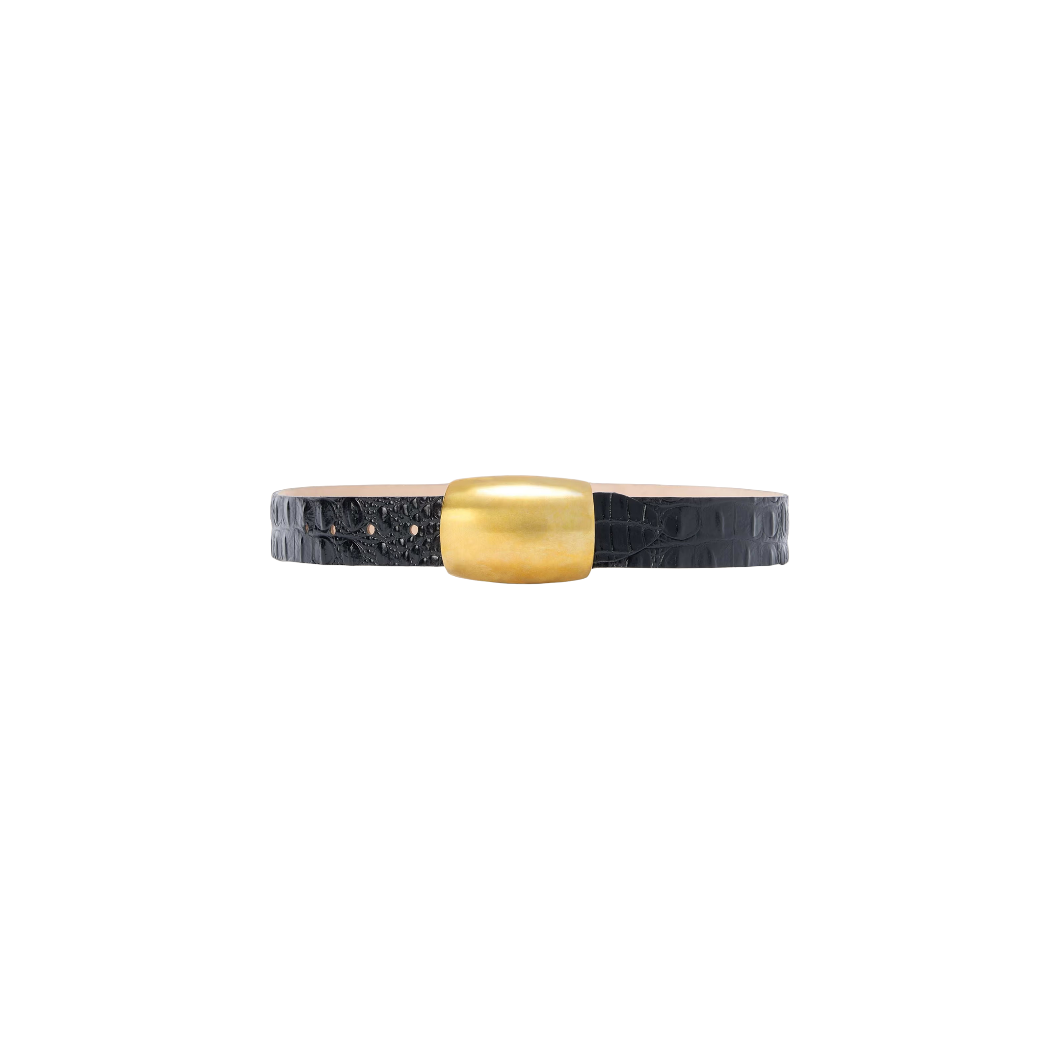 The Milou Belt is a black, croc-embossed leather accessory featuring a wide, rectangular gold clasp, handcrafted in LA and displayed on a plain white background.