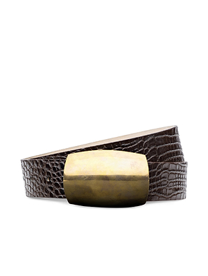 The Milou Belt by L'AGENCE, a dark brown handcrafted croc-embossed design with a large rectangular brass buckle, is displayed on a white background.