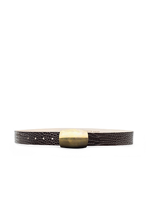The Milou Belt by L'AGENCE, crafted from dark brown croc-embossed Italian leather and featuring a large rectangular brass buckle, is shown against a plain white background.