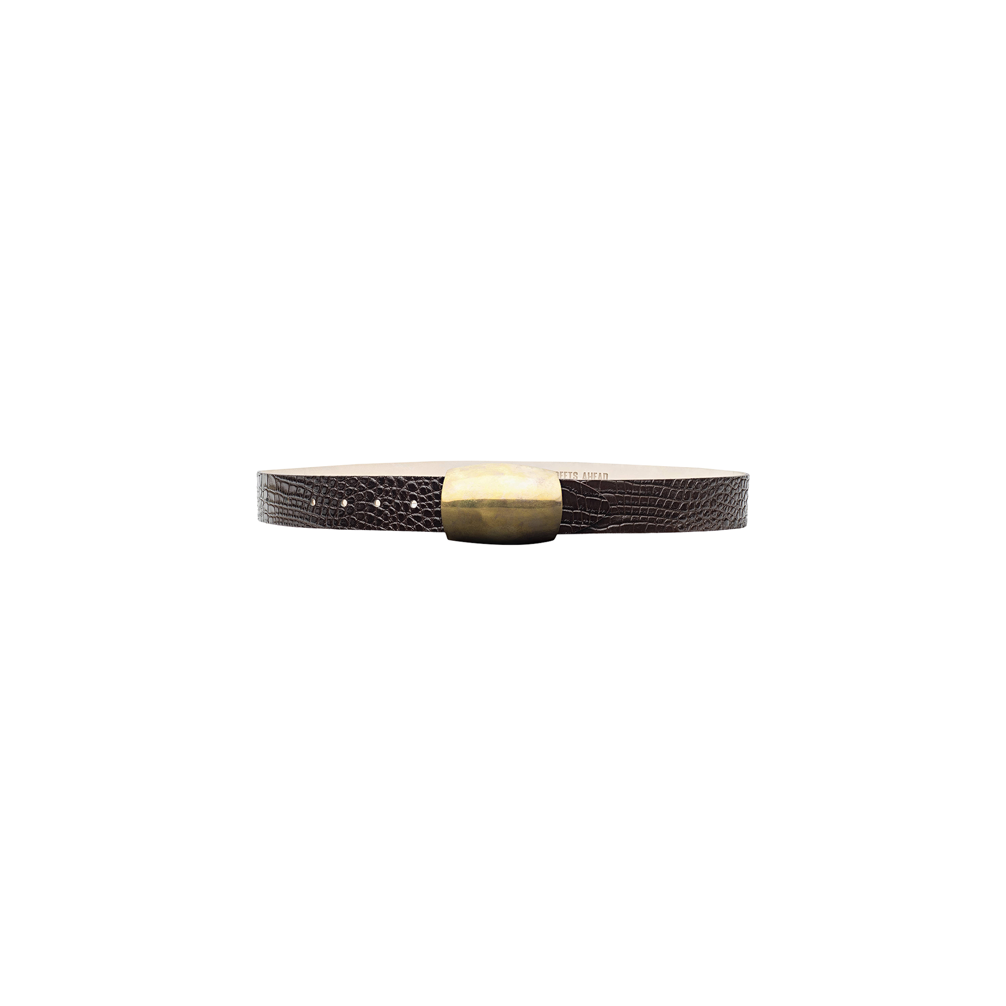 The Milou Belt is a handcrafted leather accessory in rich brown, showcasing a textured finish and a large, square gold buckle, presented against a plain white background.