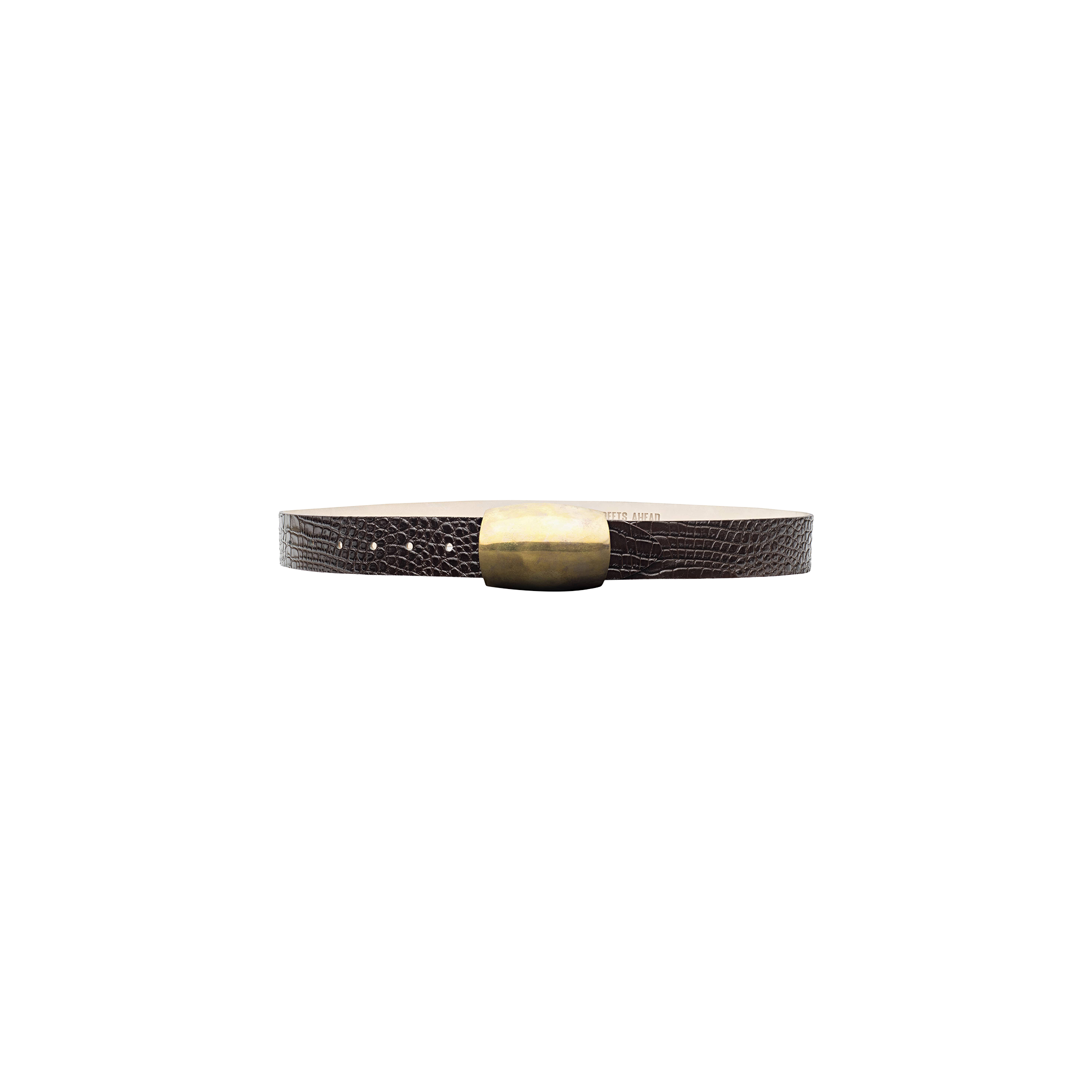 The Milou Belt is a handcrafted leather accessory in rich brown, showcasing a textured finish and a large, square gold buckle, presented against a plain white background.