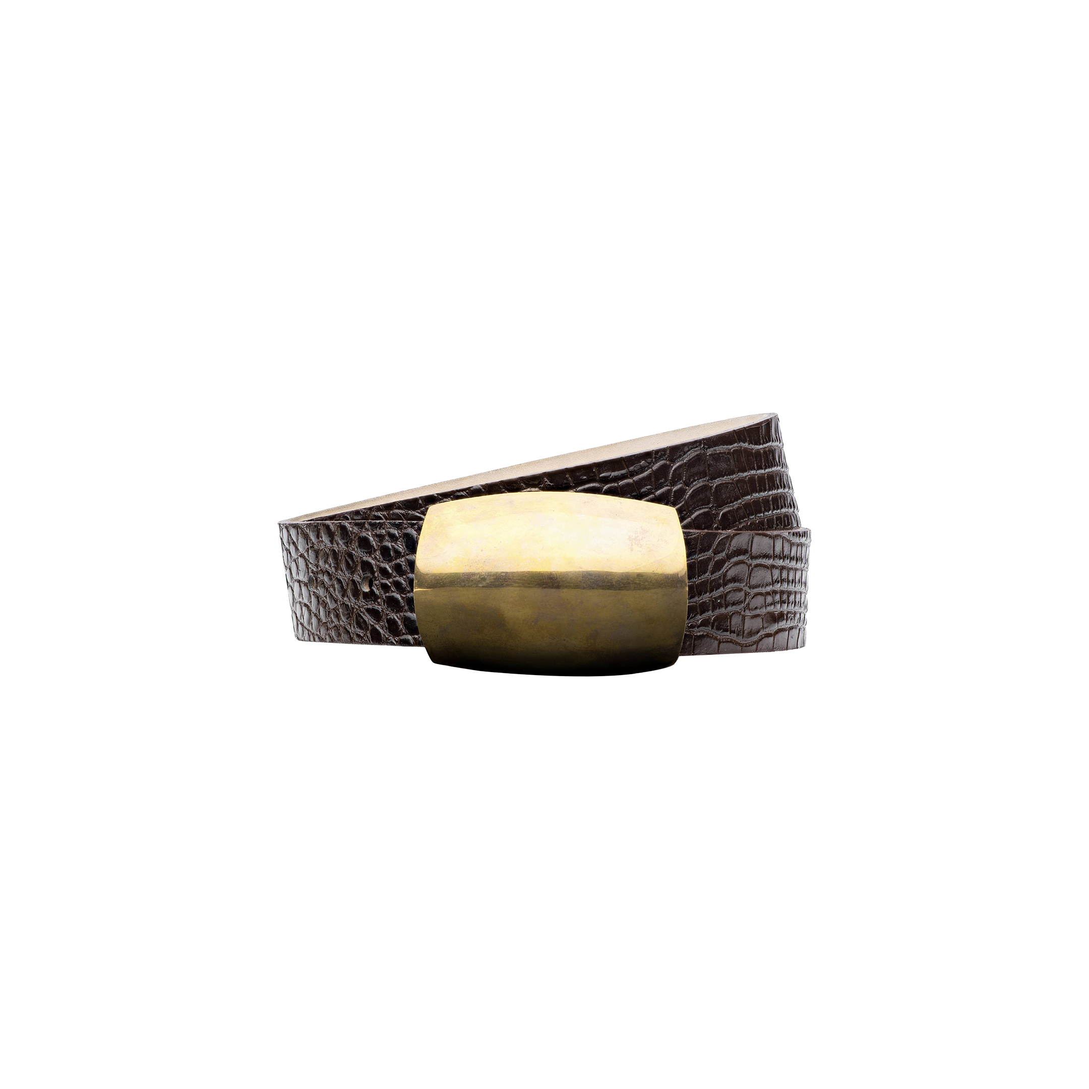 The Milou Belt—a handcrafted Italian leather accessory featuring a crocodile texture and a large, rectangular brass buckle—is displayed coiled on a light gray background.