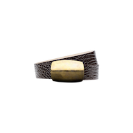 The Milou Belt—a handcrafted Italian leather accessory featuring a crocodile texture and a large, rectangular brass buckle—is displayed coiled on a light gray background.