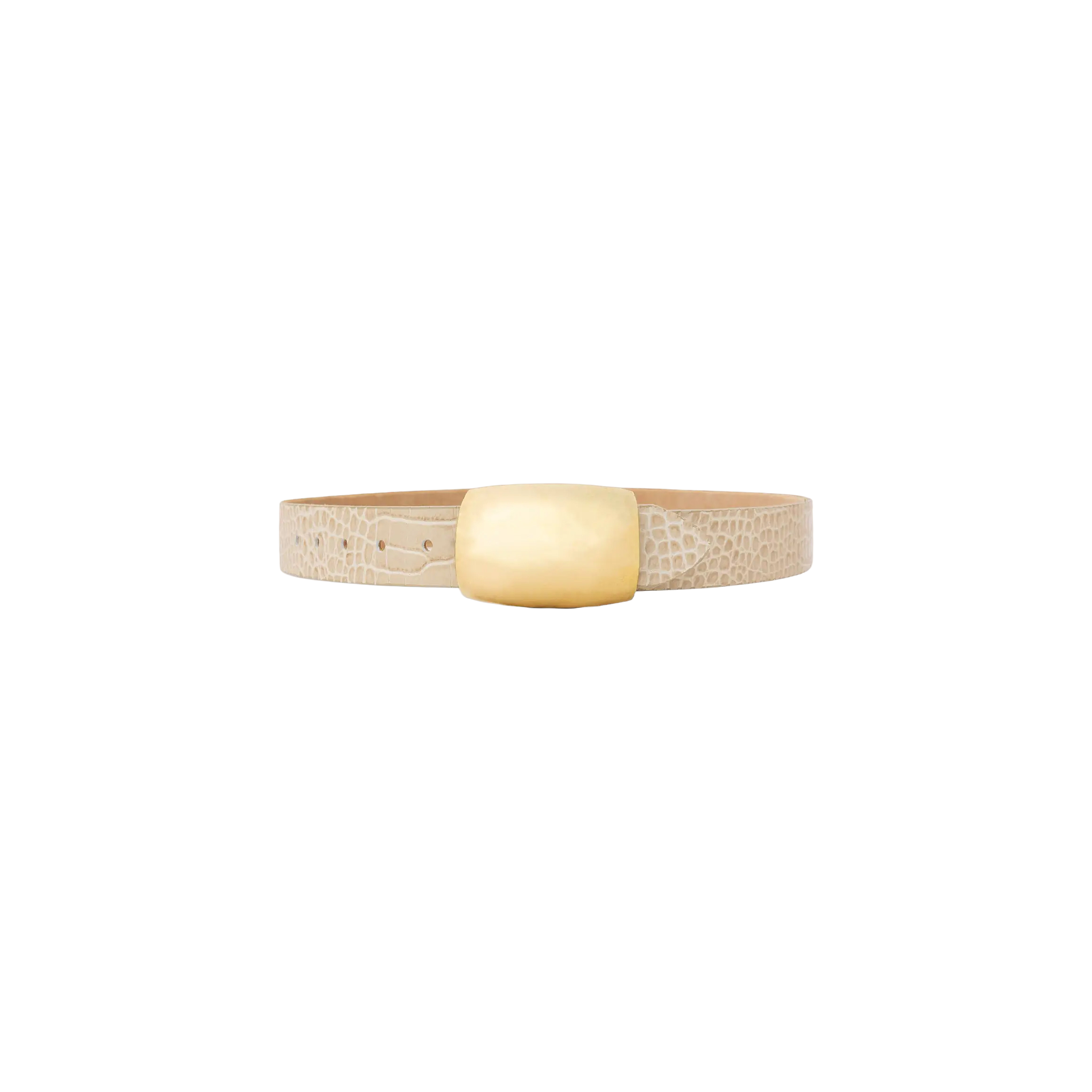 The Milou Belt, featuring a beige croc-embossed design and a large square brass buckle, is displayed against a plain white background.
