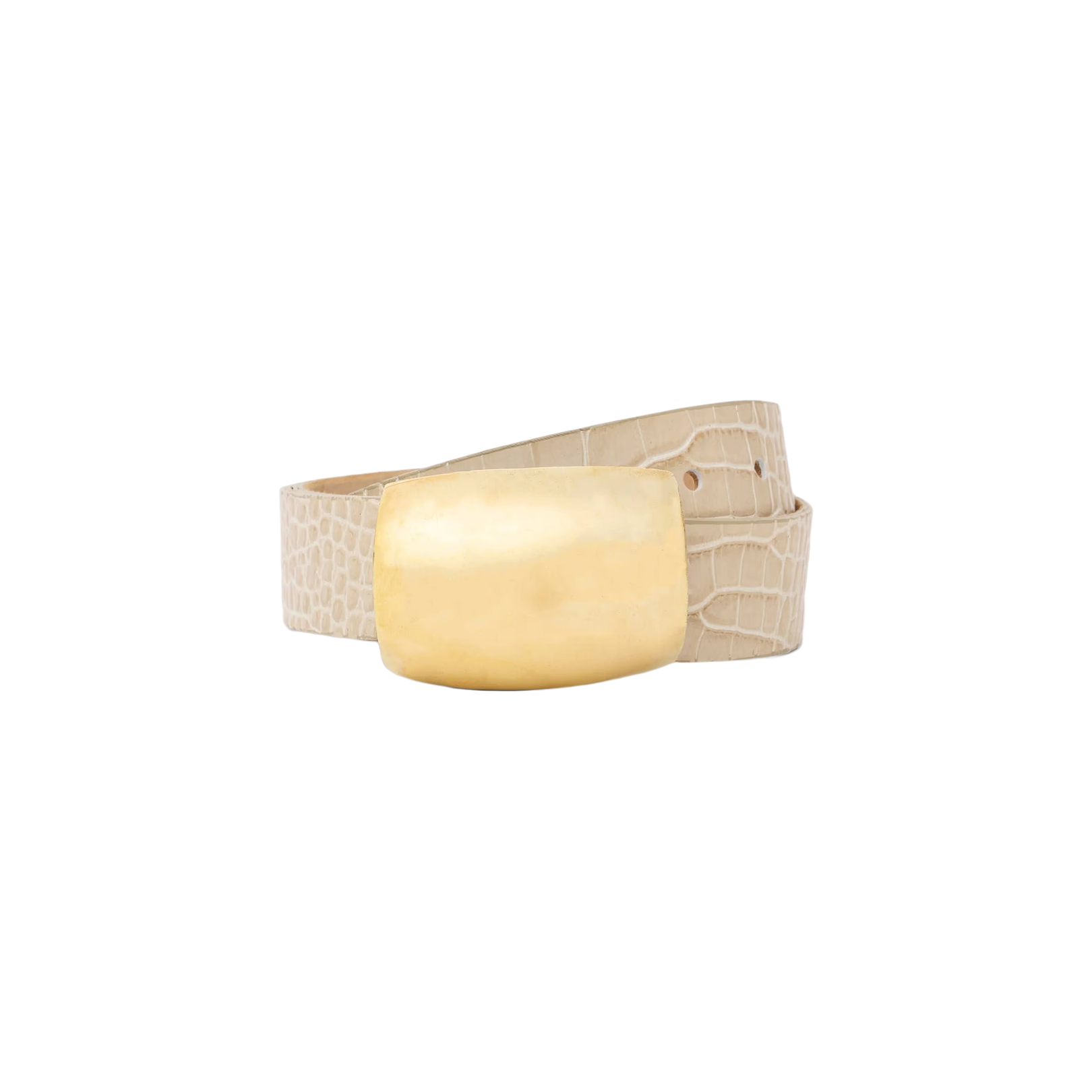 The Milou Belt, featuring a beige croc-embossed design and a large, rectangular shiny brass buckle, is displayed against a plain white background.