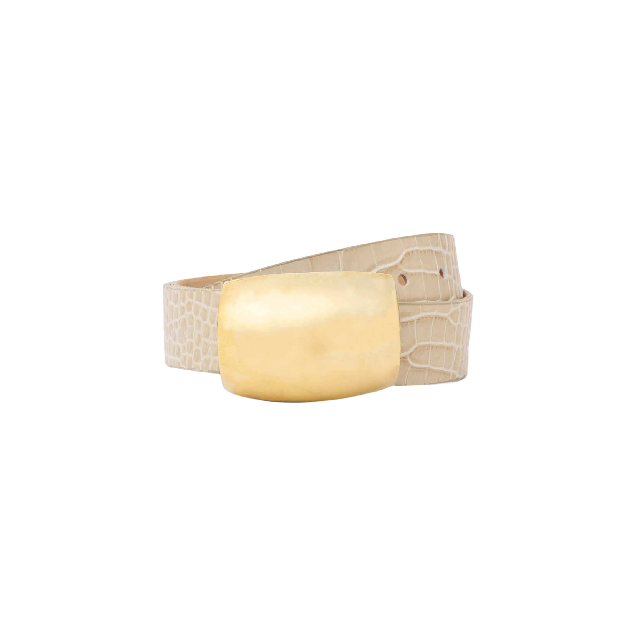 The Milou Belt, featuring a beige croc-embossed design and a large, rectangular shiny brass buckle, is displayed against a plain white background.