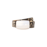 The Milou Belt, featuring a snake-embossed design and a large rectangular white buckle, is coiled on a plain light background.