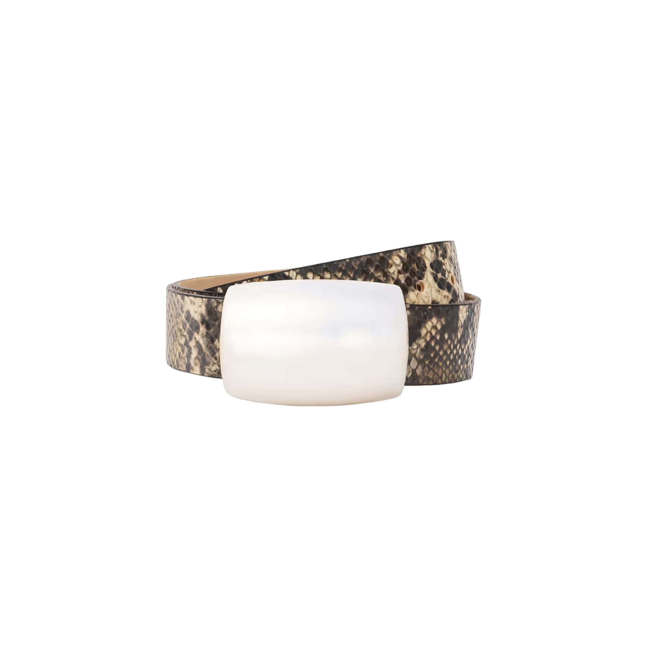 The Milou Belt, featuring a snake-embossed design and a large rectangular white buckle, is coiled on a plain light background.