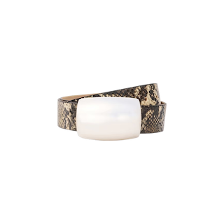 The Milou Belt is a handcrafted leather accessory with a striking snake-embossed pattern and a large, smooth white rectangular buckle, showcased against a plain light background. This unique belt adds an elegant touch to any outfit.