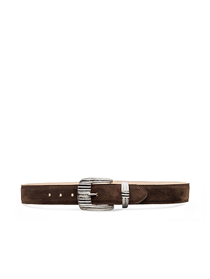 The Aya Suede Belt by L'AGENCE, handcrafted in LA in brown suede, features a textured silver-plated buckle and matching tip. Shown horizontally on a white background.