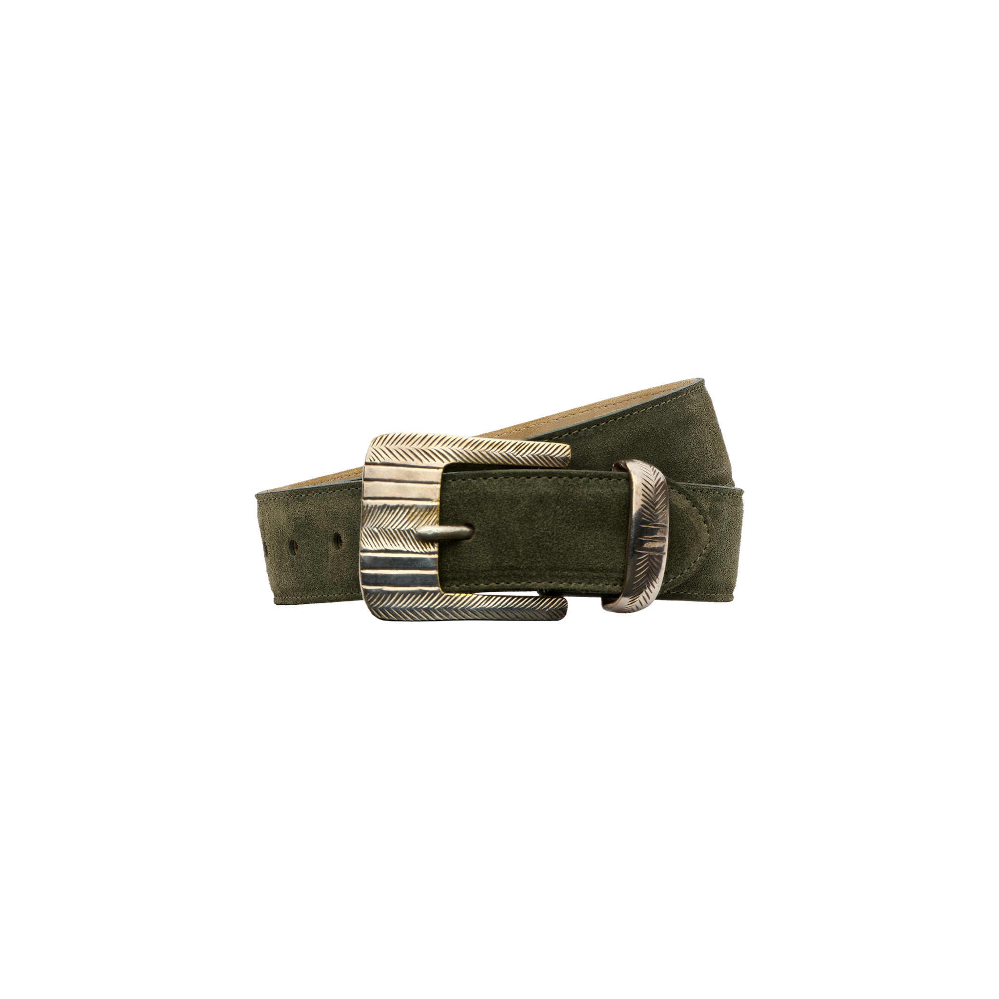 Introducing the Aya Suede Belt: expertly handcrafted from premium Italian olive green suede, this belt features an engraved silver buckle and loop, each adorned with an elegant leaf or feather pattern. Coiled gracefully on a plain white background, its artisanal quality is beautifully showcased.