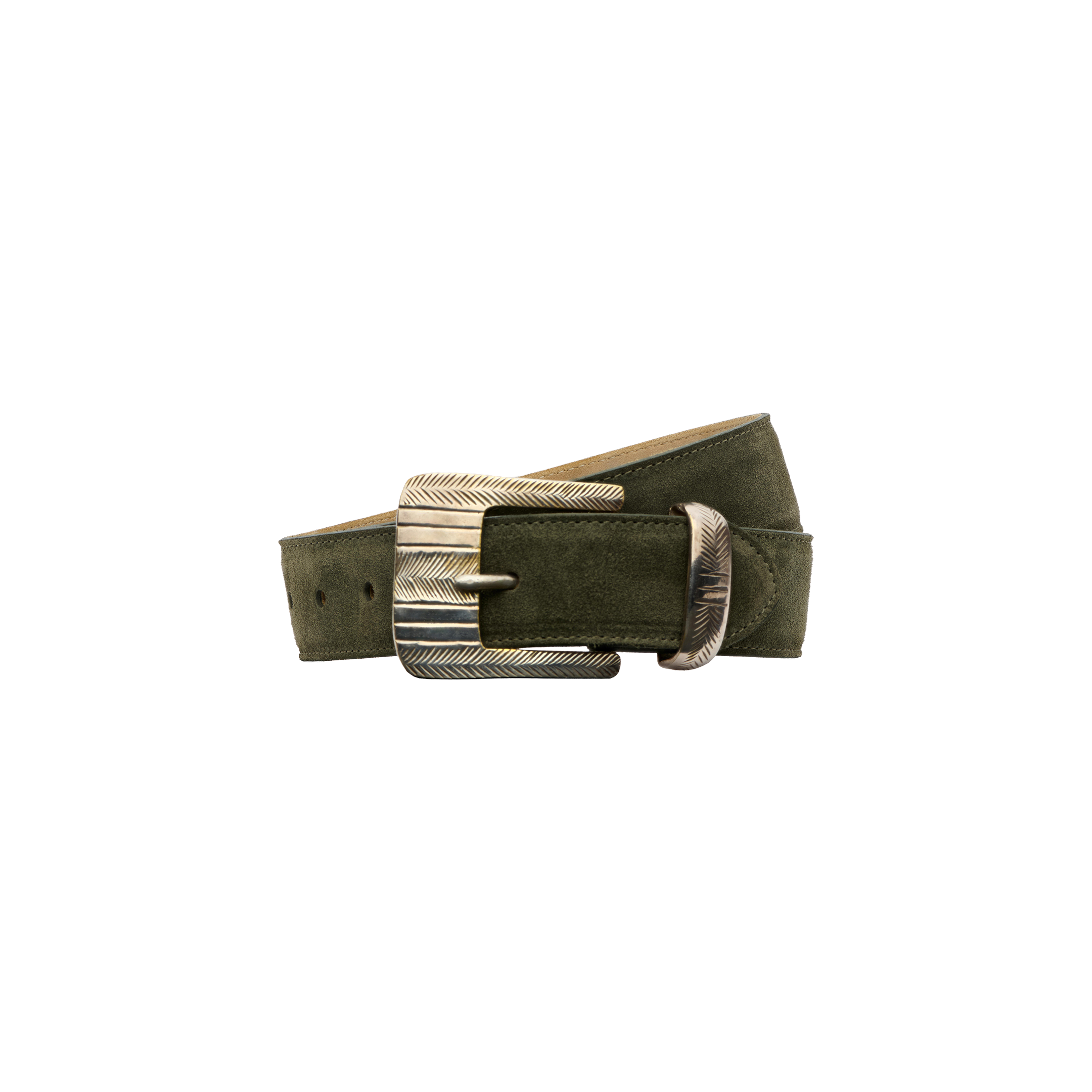 Introducing the Aya Suede Belt: expertly handcrafted from premium Italian olive green suede, this belt features an engraved silver buckle and loop, each adorned with an elegant leaf or feather pattern. Coiled gracefully on a plain white background, its artisanal quality is beautifully showcased.
