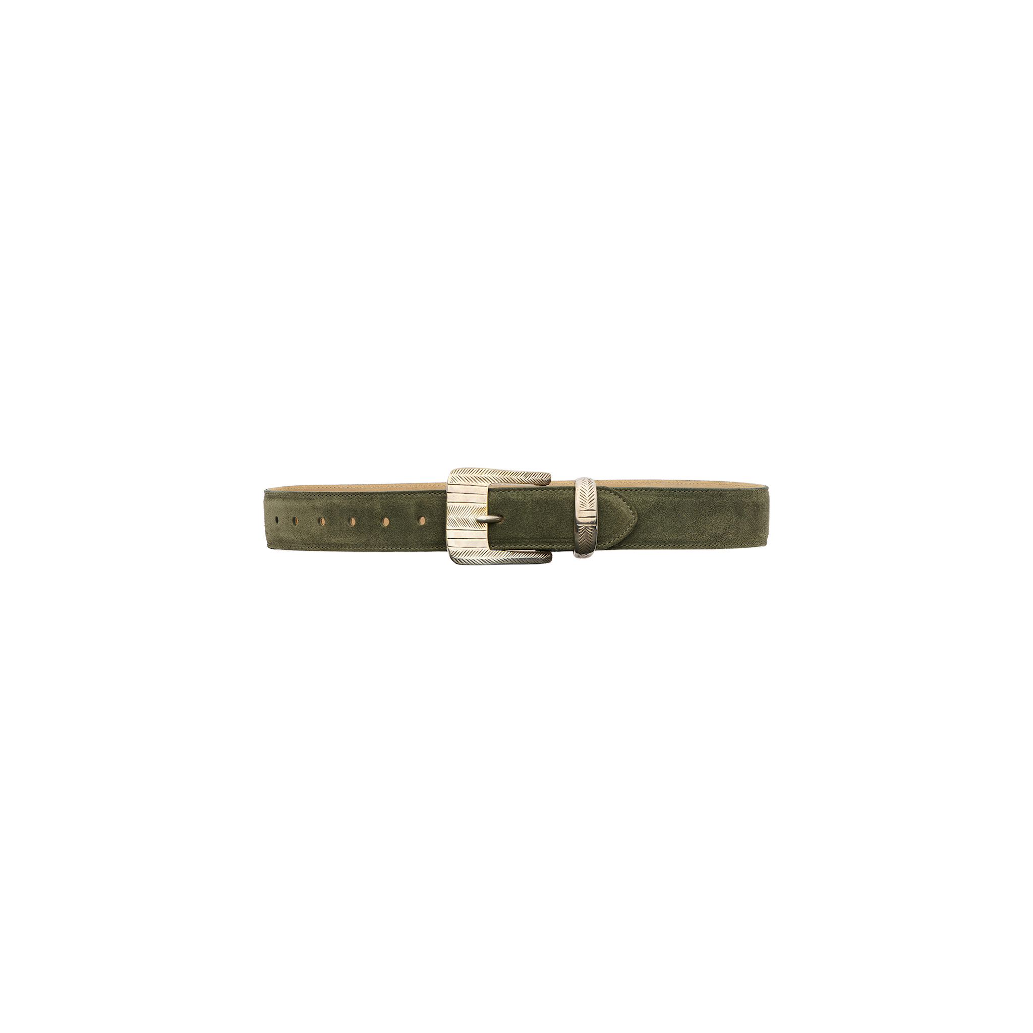 Handcrafted from premium Italian suede, the Aya Suede Belt in olive green features a silver rectangular buckle and multiple holes for size adjustment, displayed against a plain white background.