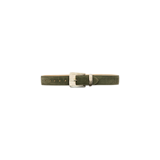 Handcrafted from premium Italian suede, the Aya Suede Belt in olive green features a silver rectangular buckle and multiple holes for size adjustment, displayed against a plain white background.