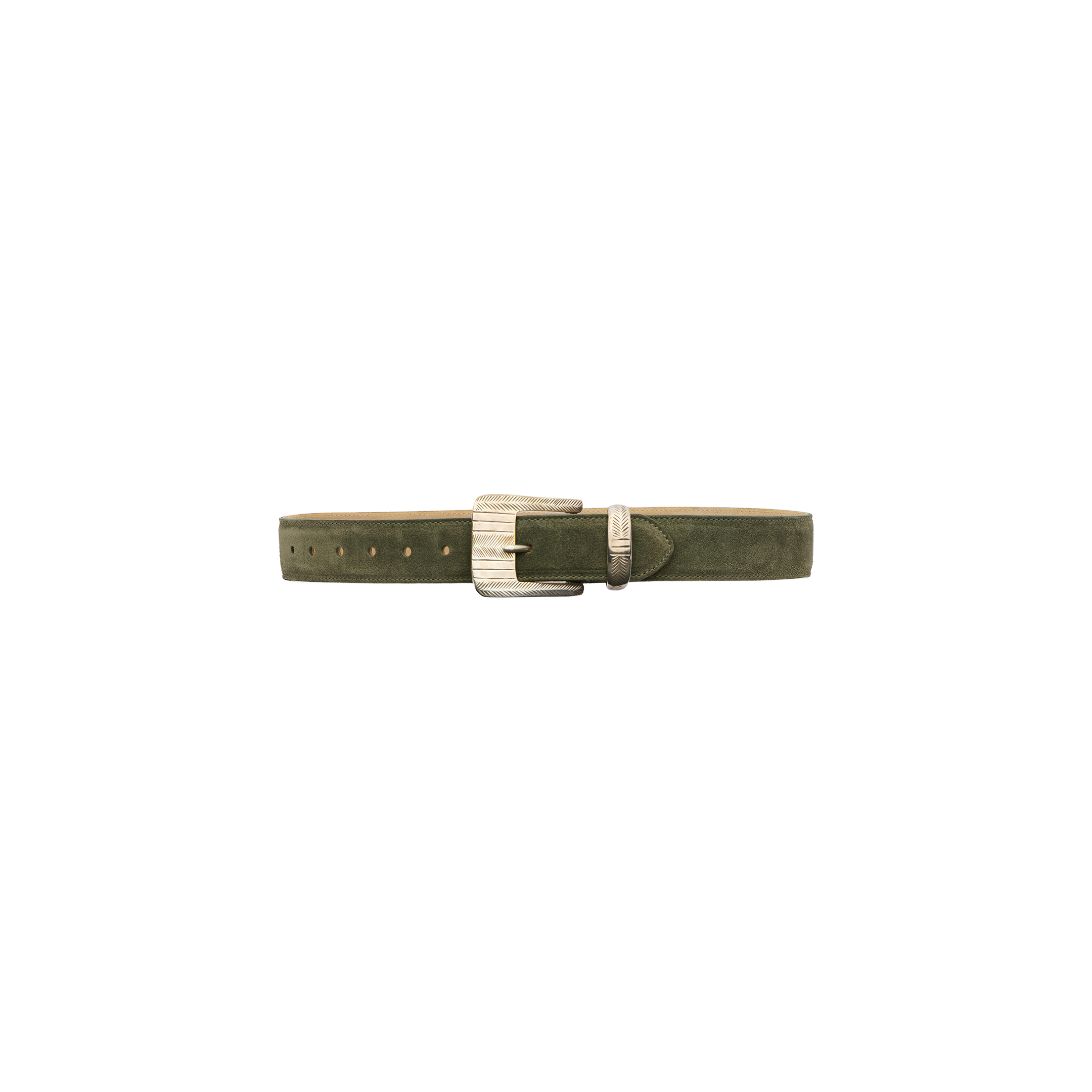 Handcrafted from premium Italian suede, the Aya Suede Belt in olive green features a silver rectangular buckle and multiple holes for size adjustment, displayed against a plain white background.