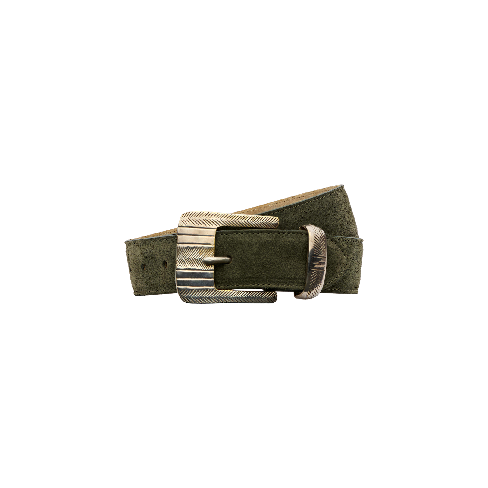 Aya Suede Belt in olive green Italian suede, handcrafted in LA and featuring a silver-toned buckle and loop with feather-like engraved detailing, displayed on a plain white background.