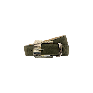 Aya Suede Belt in olive green Italian suede, handcrafted in LA and featuring a silver-toned buckle and loop with feather-like engraved detailing, displayed on a plain white background.