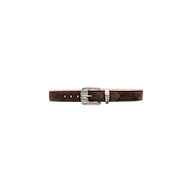 Handcrafted in LA, the Aya Suede Belt in brown features a large, textured silver-plated buckle and a matching silver tip, displayed on a plain white background.