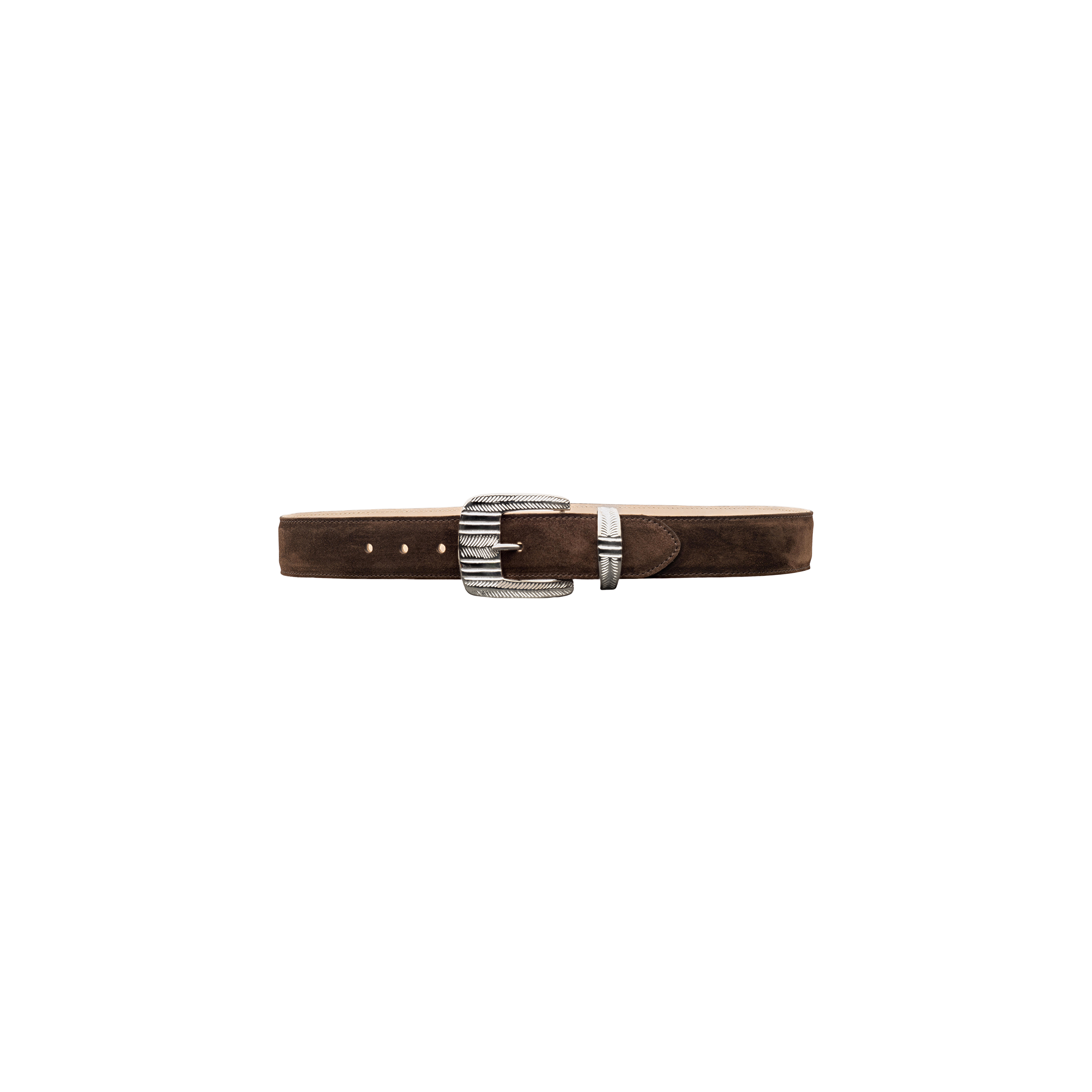 Handcrafted in LA, the Aya Suede Belt in brown features a large, textured silver-plated buckle and a matching silver tip, displayed on a plain white background.
