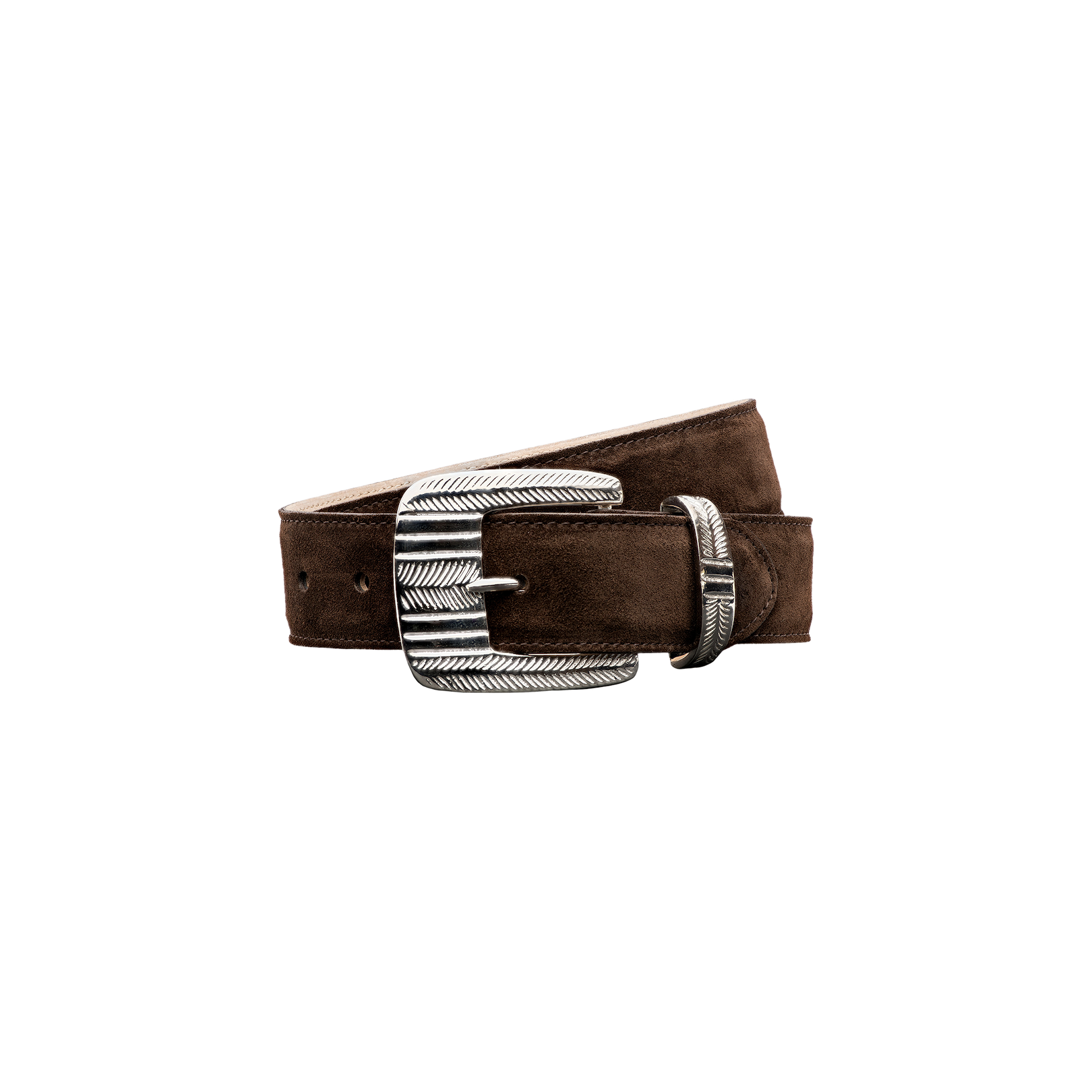 The Aya Suede Belt, handcrafted in LA from rich brown suede, features an ornate silver-plated buckle and a coordinating silver belt loop, shown coiled on a plain white background.