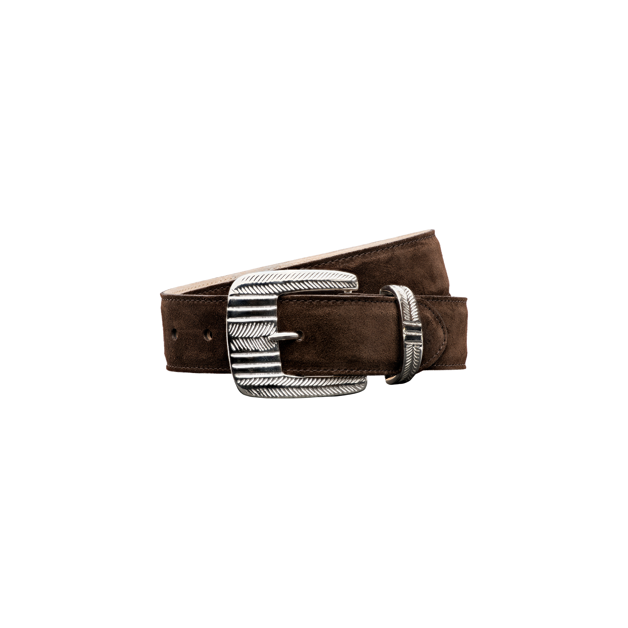 The Aya Suede Belt, handcrafted in LA, features rich brown suede with a large silver-plated buckle and matching loop, artfully coiled on a plain white background.
