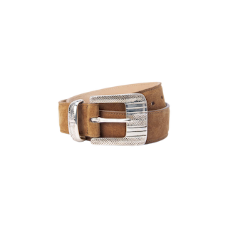 The Aya Suede Belt, handcrafted in LA from premium Italian brown suede, features a large silver chevron-patterned buckle and is coiled neatly against a plain white background.