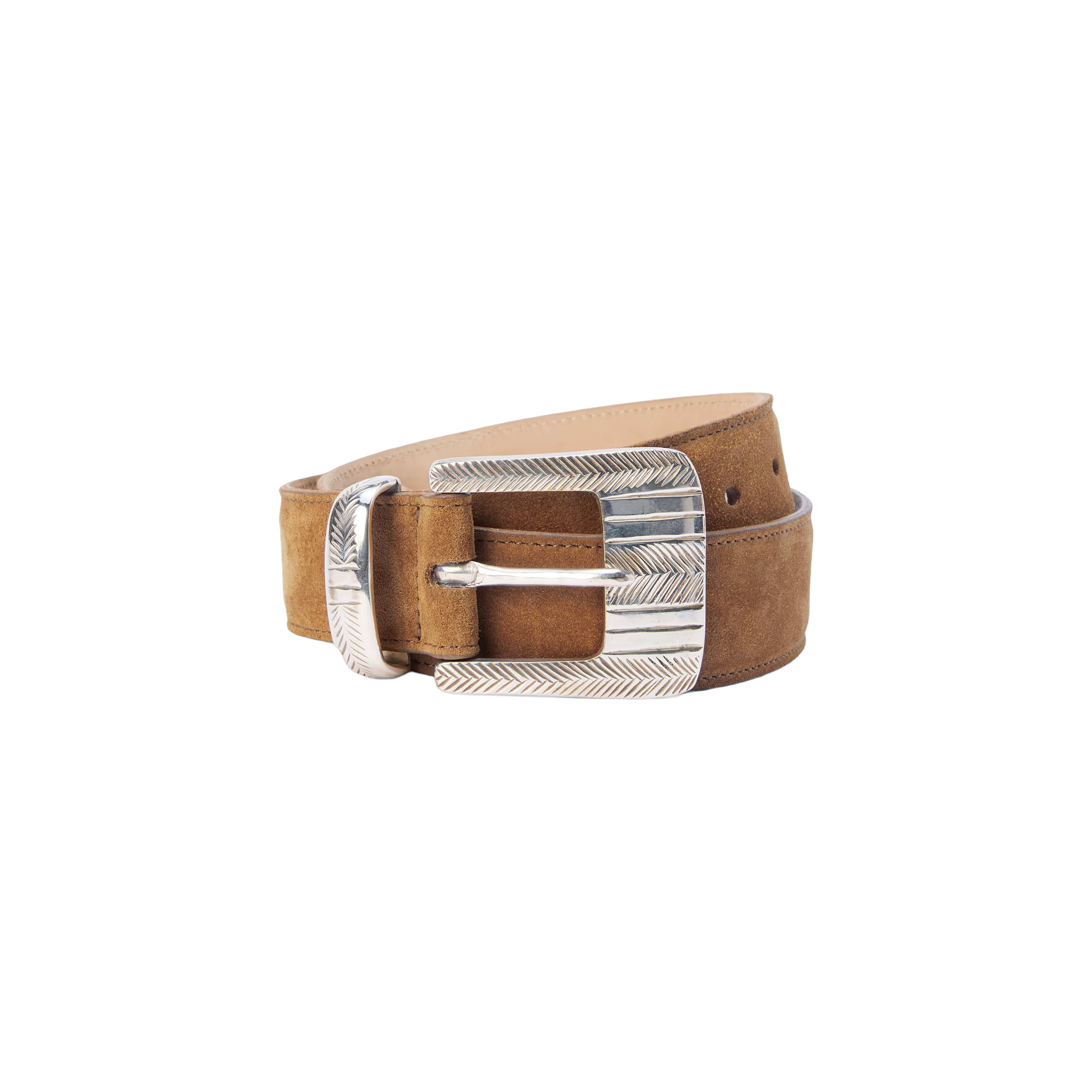 Introducing the Aya Suede Belt—crafted in Italy from rich brown suede and finished with a large, rectangular silver buckle adorned with a striking herringbone pattern. Handcrafted in LA, this belt is rolled up and set against a plain white background.